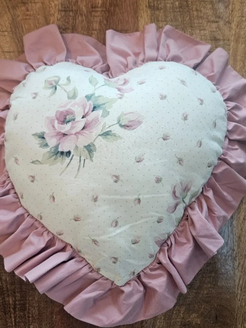 Vintage Shabby Chic Rose Floral Heart Bolster Pillow Set Mauve Ruffle Lace Trim